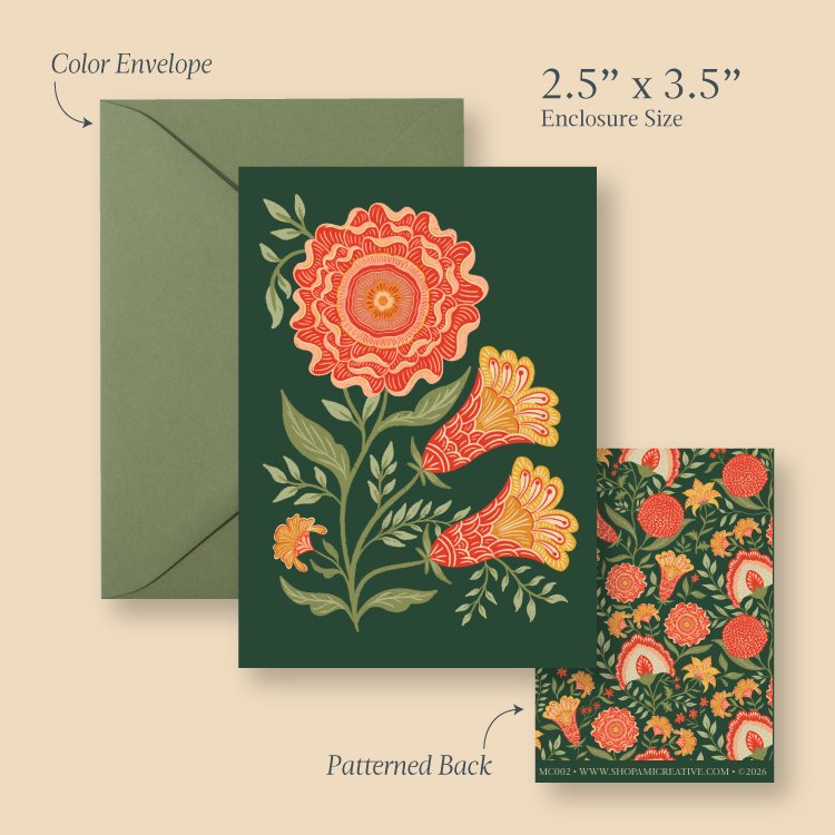Green Vines mini card size guide showing the 2.5 x 3.5 inch card, envelope and patterned back