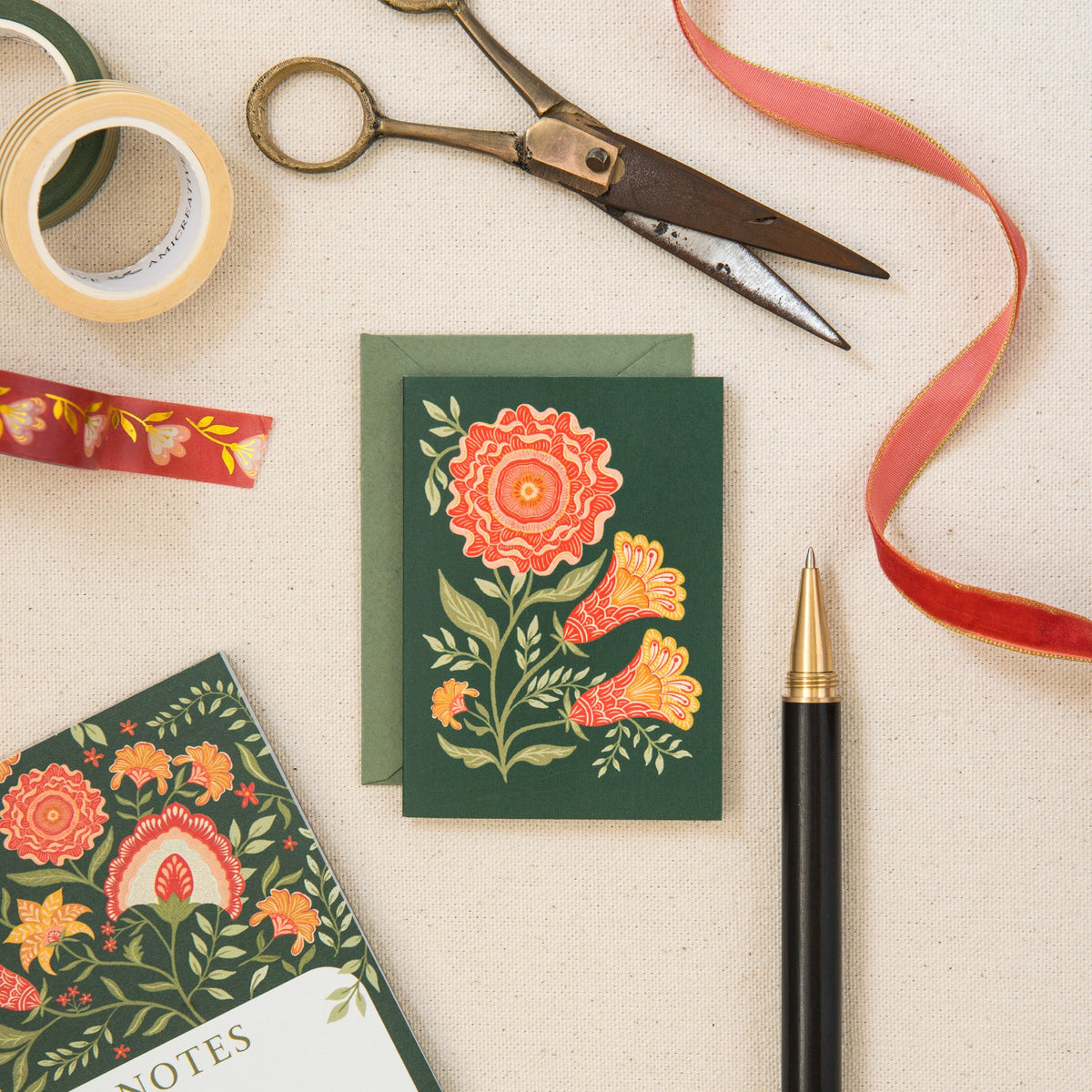 Green Vines mini card on linen, hand-illustrated by Amita Nair