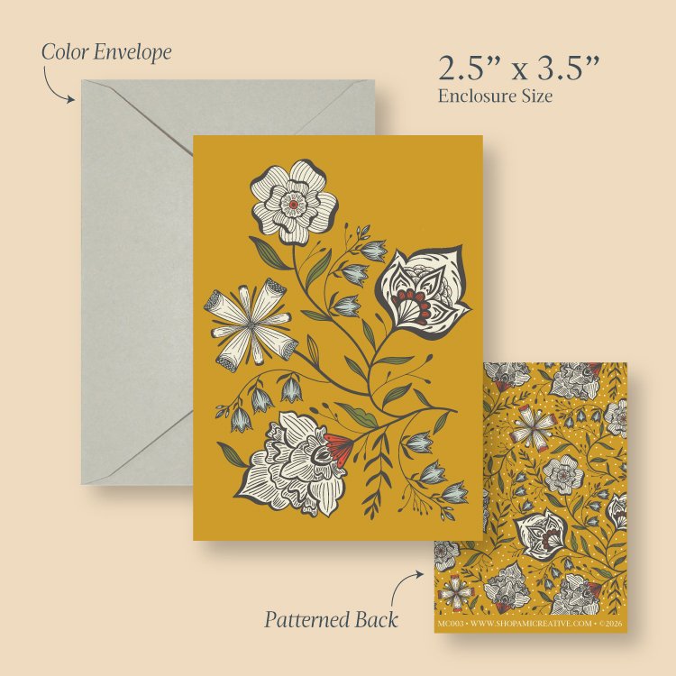 Yellow Ochre Garden mini card size guide showing the 2.5 x 3.5 inch card, envelope and patterned back