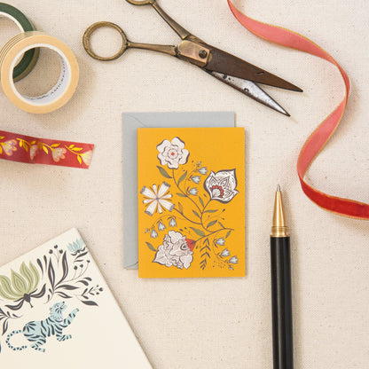 Yellow Ochre Garden mini card on linen, hand-illustrated by Amita Nair