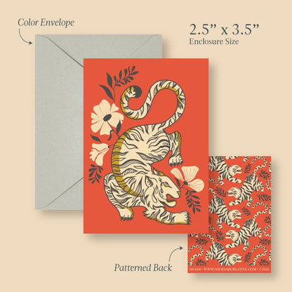 Jungle Tiger mini card size guide showing the 2.5 x 3.5 inch card, envelope and patterned back