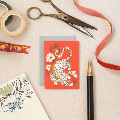 Jungle Tiger mini card on linen, hand-illustrated by Amita Nair