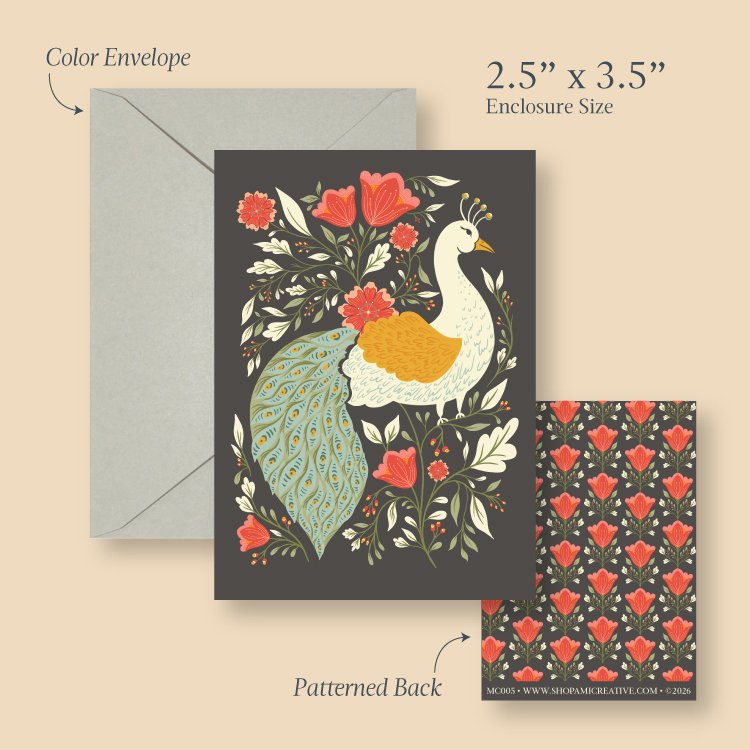 Peacock Garden mini card size guide showing the 2.5 x 3.5 inch card, envelope and patterned back