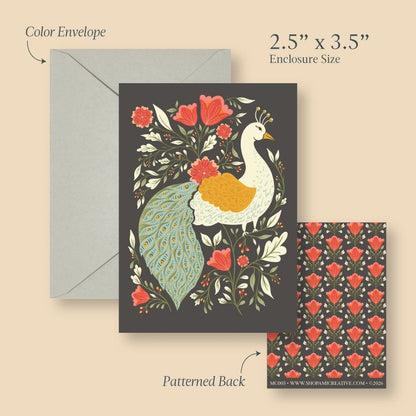Peacock Garden mini card size guide showing the 2.5 x 3.5 inch card, envelope and patterned back