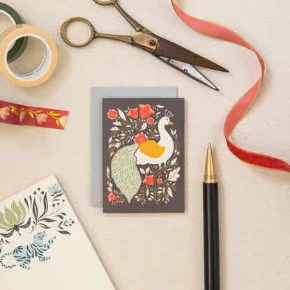Peacock Garden mini card on linen, hand-illustrated by Amita Nair