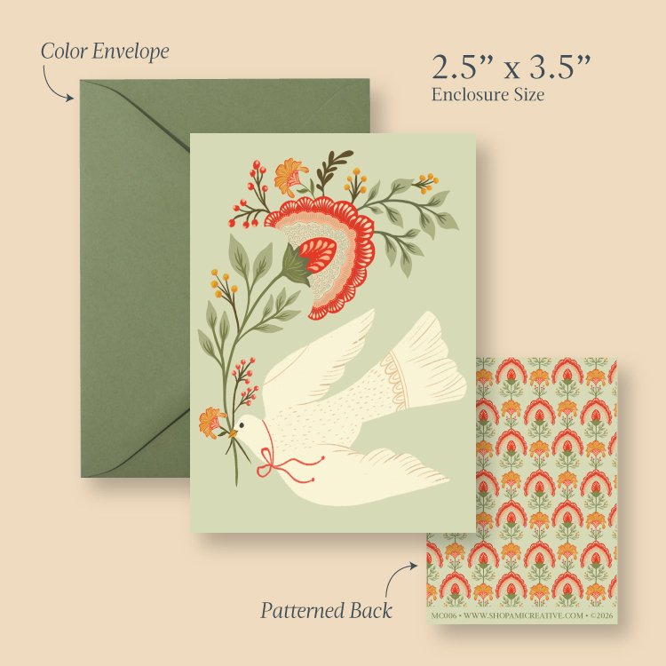 Floral Dove mini card size guide showing the 2.5 x 3.5 inch card, envelope and patterned back