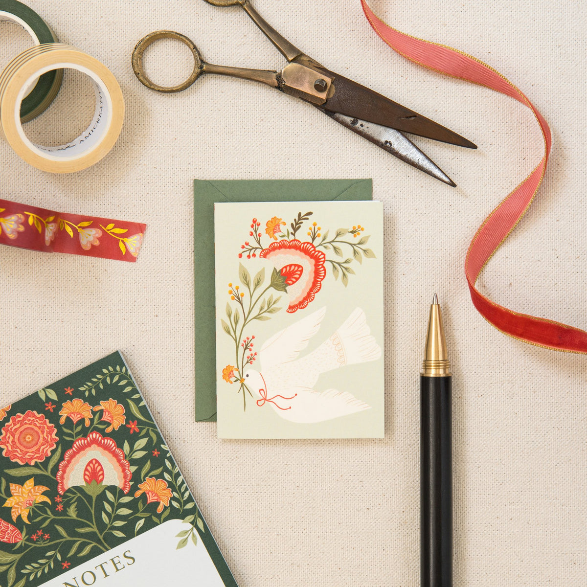 Floral Dove mini card on linen, hand-illustrated by Amita Nair