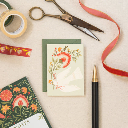 Floral Dove mini card on linen, hand-illustrated by Amita Nair