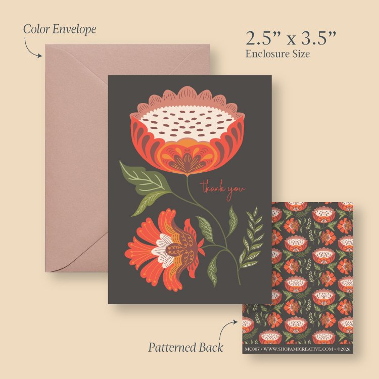Garden Thank You mini card size guide showing the 2.5 x 3.5 inch card, envelope and patterned back