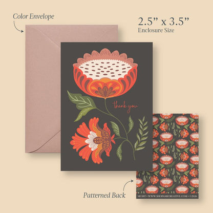 Garden Thank You mini card size guide showing the 2.5 x 3.5 inch card, envelope and patterned back