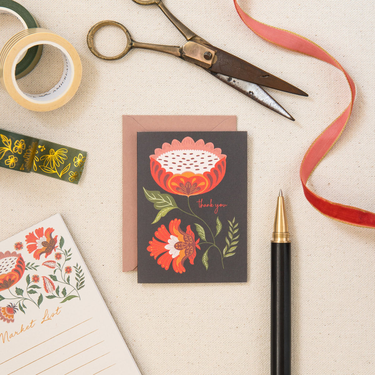Garden Thank You mini card on linen, hand-illustrated by Amita Nair