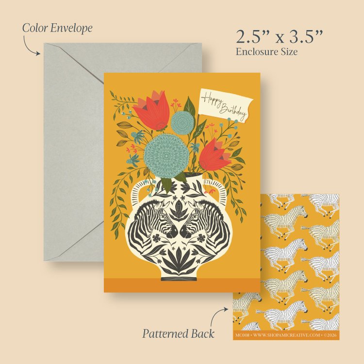 Zebra Birthday mini card size guide showing the 2.5 x 3.5 inch card, envelope and patterned back