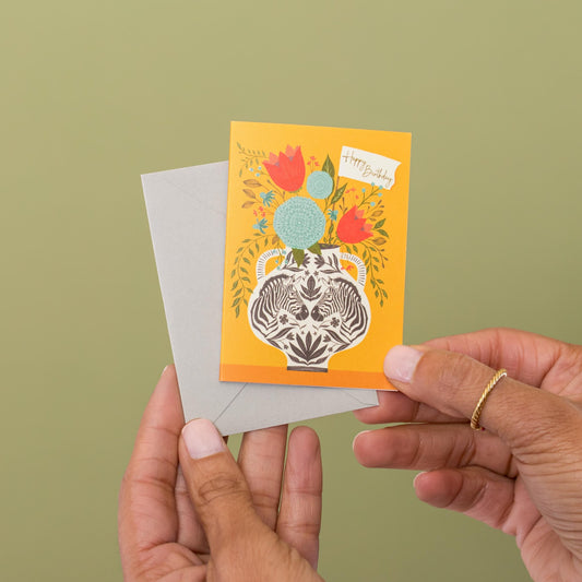 Zebra Birthday mini card held in hand