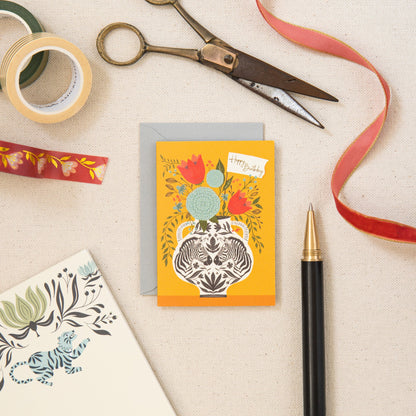 Zebra Birthday mini card on linen, hand-illustrated by Amita Nair