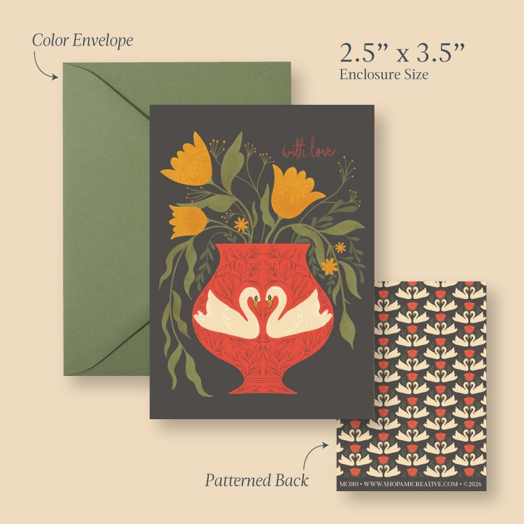 Swan Vase With Love mini card size guide showing the 2.5 x 3.5 inch card, envelope and patterned back