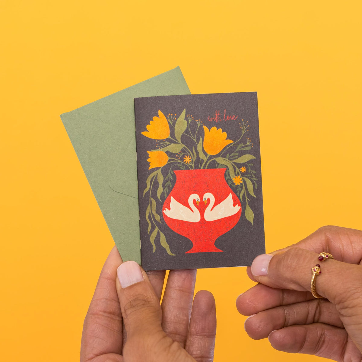Swan Vase With Love mini card held in hand