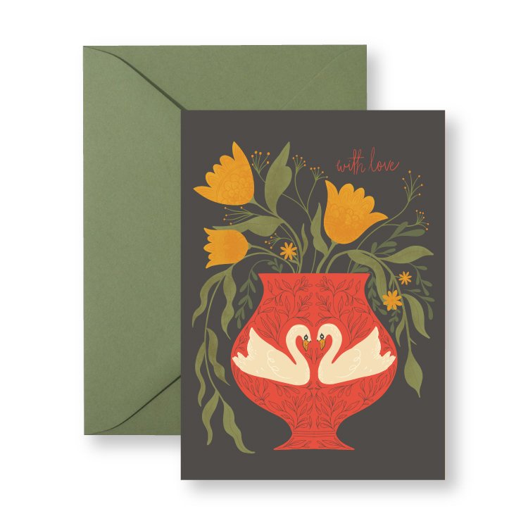Swan Vase With Love mini card with envelope, hand-illustrated by Amita Nair