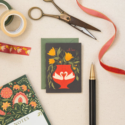 Swan Vase With Love mini card on linen, hand-illustrated by Amita Nair