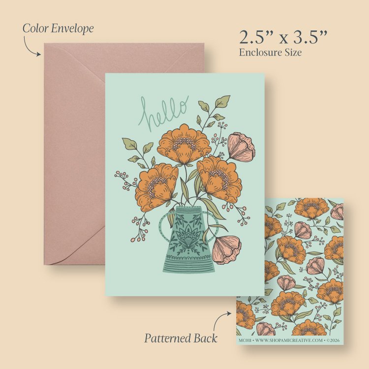 Hello Flowers mini card size guide showing the 2.5 x 3.5 inch card, envelope and patterned back