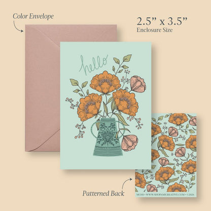 Hello Flowers mini card size guide showing the 2.5 x 3.5 inch card, envelope and patterned back