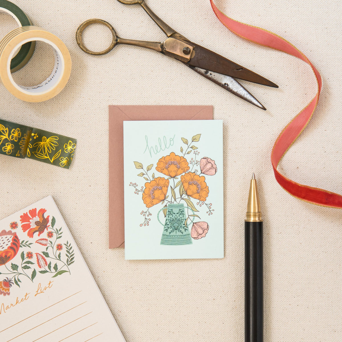 Hello Flowers mini card on linen, hand-illustrated by Amita Nair