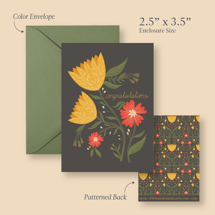 Congratulations Tulips mini card size guide showing the 2.5 x 3.5 inch card, envelope and patterned back