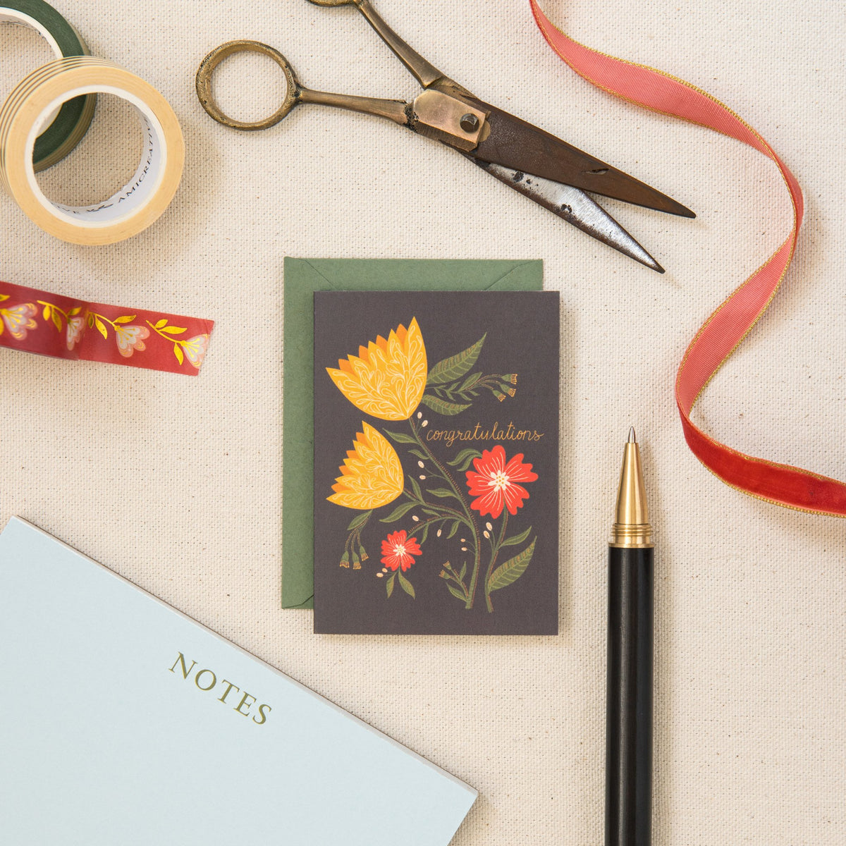 Congratulations Tulips mini card on linen, hand-illustrated by Amita Nair