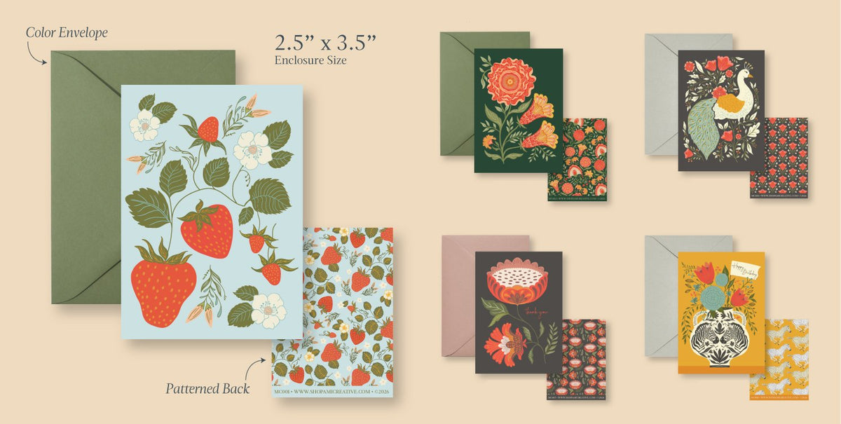 Collection of hand-illustrated Amicreative mini cards