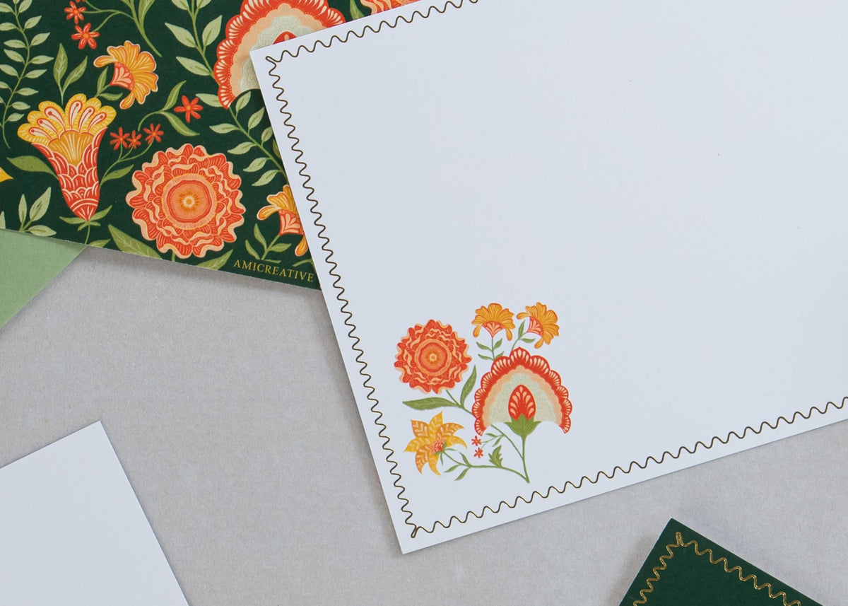 Close-up of Green Botanicals notecard with gold foil details