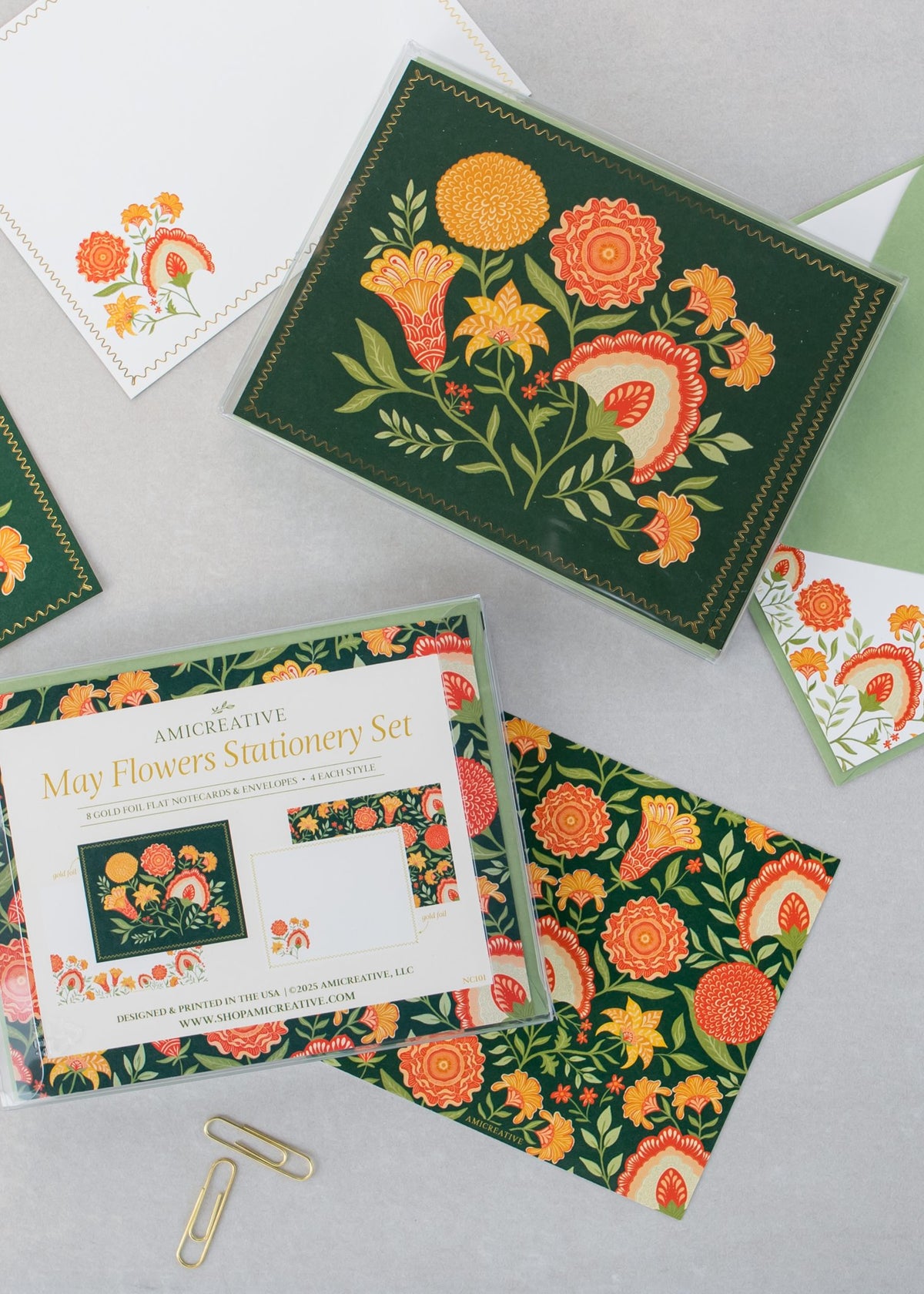 Close-up of the Green Botanicals notecard set in its gift box