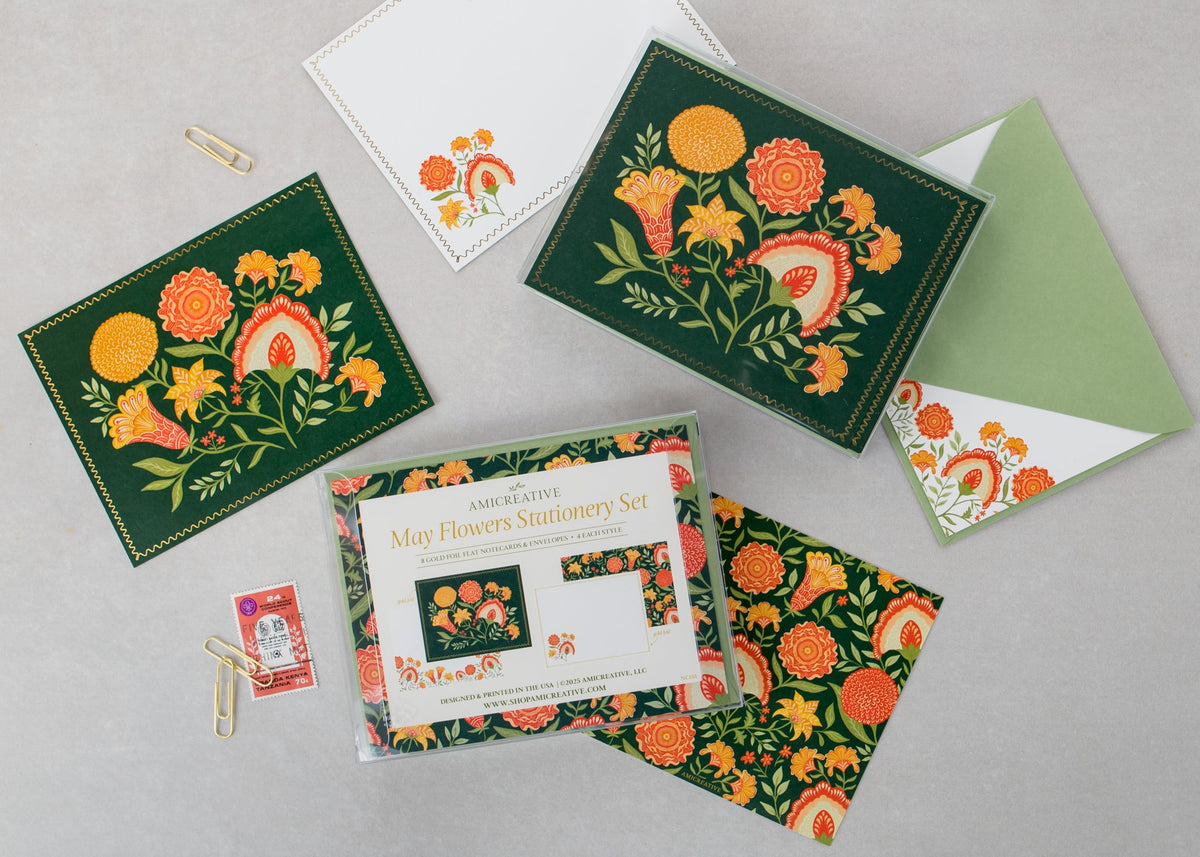 Green Botanicals notecard set in its clear gift box with cards and envelopes, hand-illustrated by Amita Nair