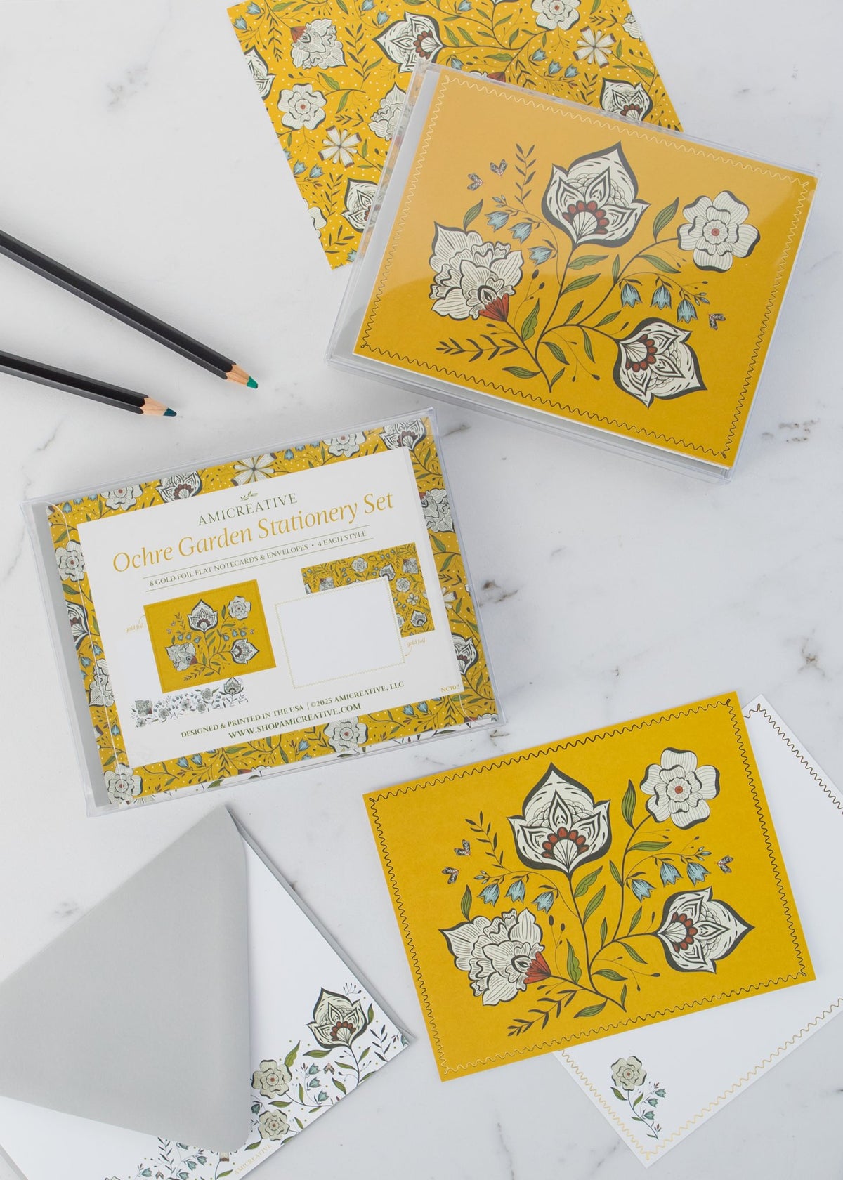 Close-up of the Ochre Garden notecard set in its gift box