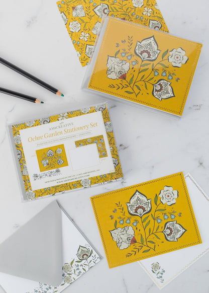 Close-up of the Ochre Garden notecard set in its gift box