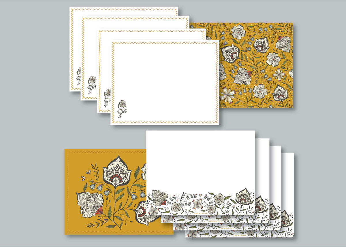 All 8 Ochre Garden notecards laid out, showing both designs