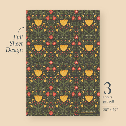 Tulip Garden Wrapping Paper full sheet design, yellow tulips with red and yellow blooms on charcoal, 3 sheets per roll, 20 x 29 inches