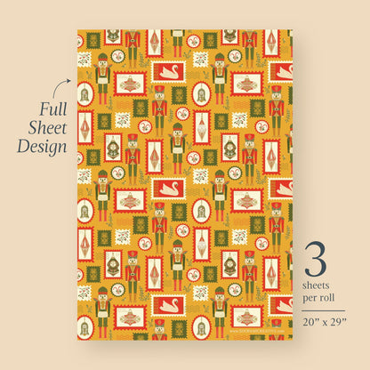 Nutcracker Postage Wrapping Paper full sheet design, nutcrackers, ornaments, swans and candy canes as postage stamps on golden yellow, 3 sheets per roll, 20 x 29 inches