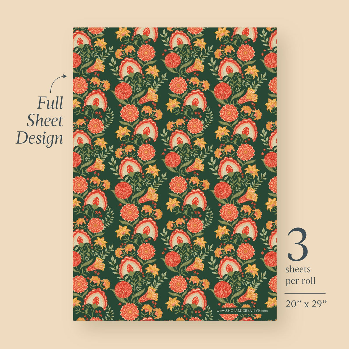 Green Vines Folk Wrapping Paper full sheet design, block-print-inspired florals on winding green vines, 3 sheets per roll, 20 x 29 inches