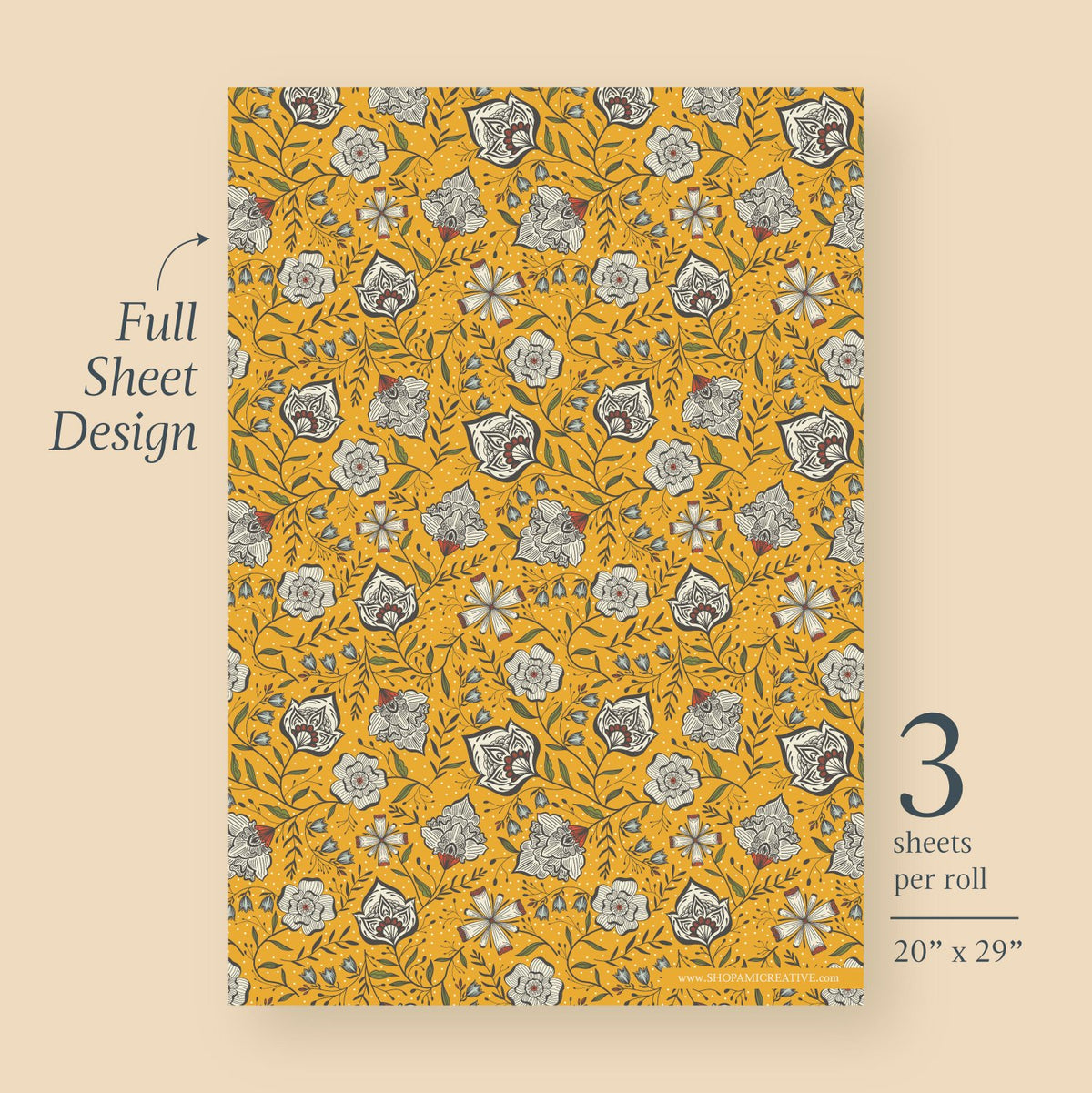 Ochre Garden Floral Wrapping Paper full sheet design, bold yellow block-print florals with charcoal vines and rust accents, 3 sheets per roll, 20 x 29 inches