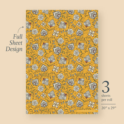 Ochre Garden Floral Wrapping Paper full sheet design, bold yellow block-print florals with charcoal vines and rust accents, 3 sheets per roll, 20 x 29 inches