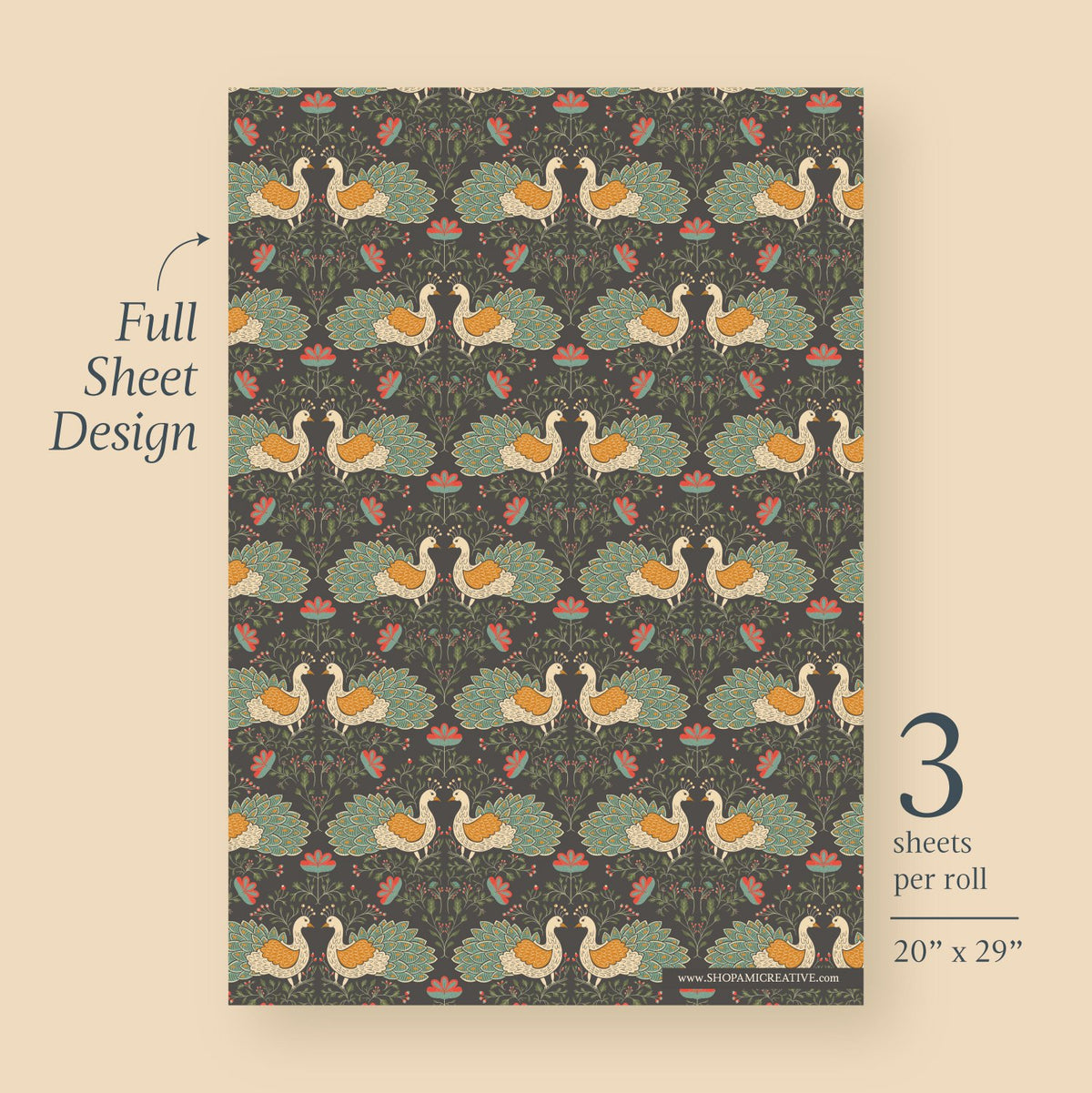 Peacock Garden Wrapping Paper full sheet design, cream and teal peacocks with coral blooms on deep charcoal, 3 sheets per roll, 20 x 29 inches