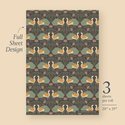 Peacock Garden Wrapping Paper full sheet design, cream and teal peacocks with coral blooms on deep charcoal, 3 sheets per roll, 20 x 29 inches