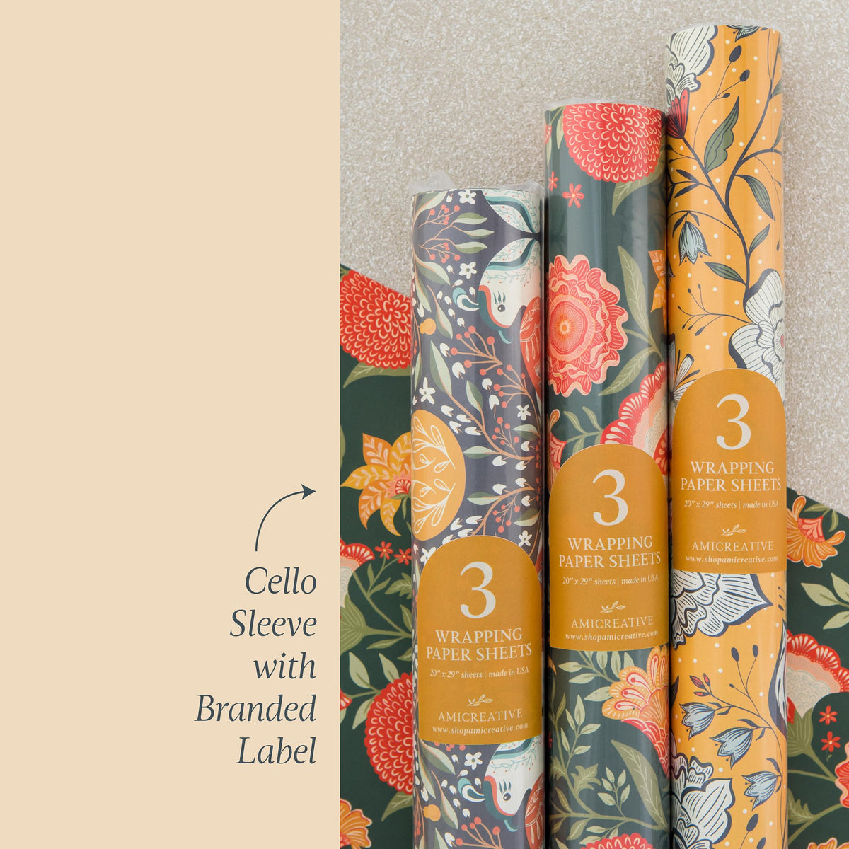 Amicreative wrapping paper rolls in cello sleeves with branded label, 3 sheets per roll, 20 x 29 inches, printed in the USA