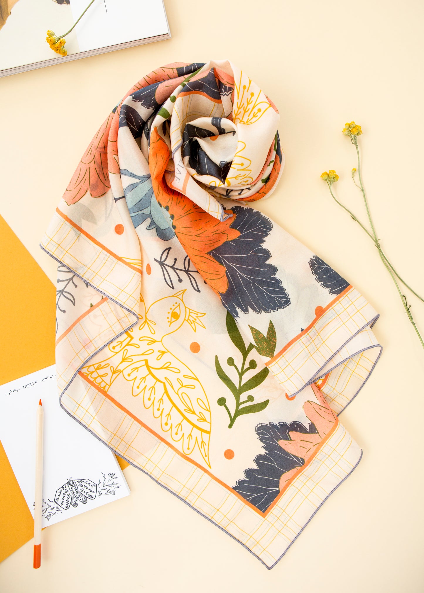 Spring Promises Silk Scarf – Hand-Drawn Bird & Floral Art for Meaningful Gifting