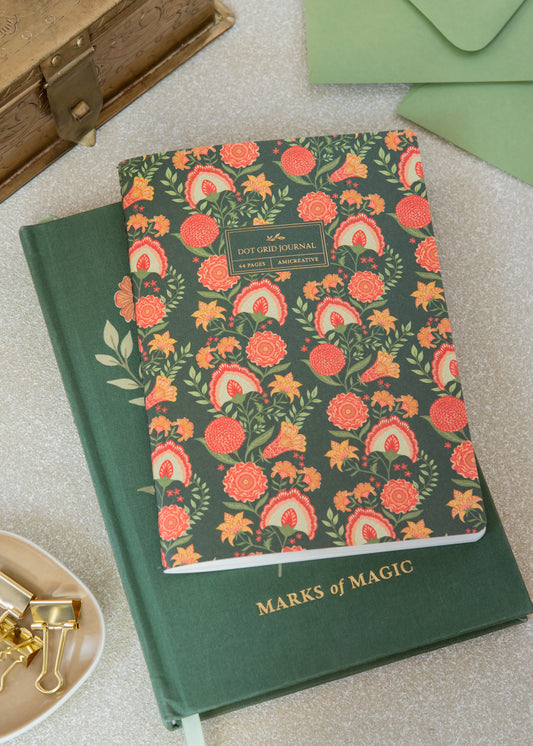 Green Floral Stitched Journal with Gold Foil | Dot Grid Notebook