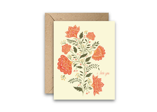 I Love You Floral Love Card Valentine’s Day, Wedding, and Romantic Card Inspired by Indian Block Printing