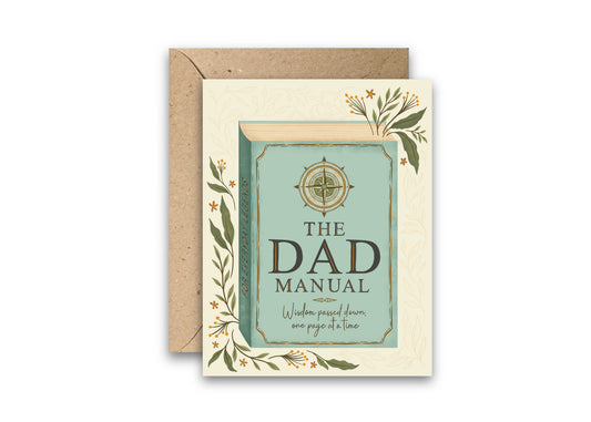 Greeting card titled 'The Dad Manual' with decorative elements on a white background