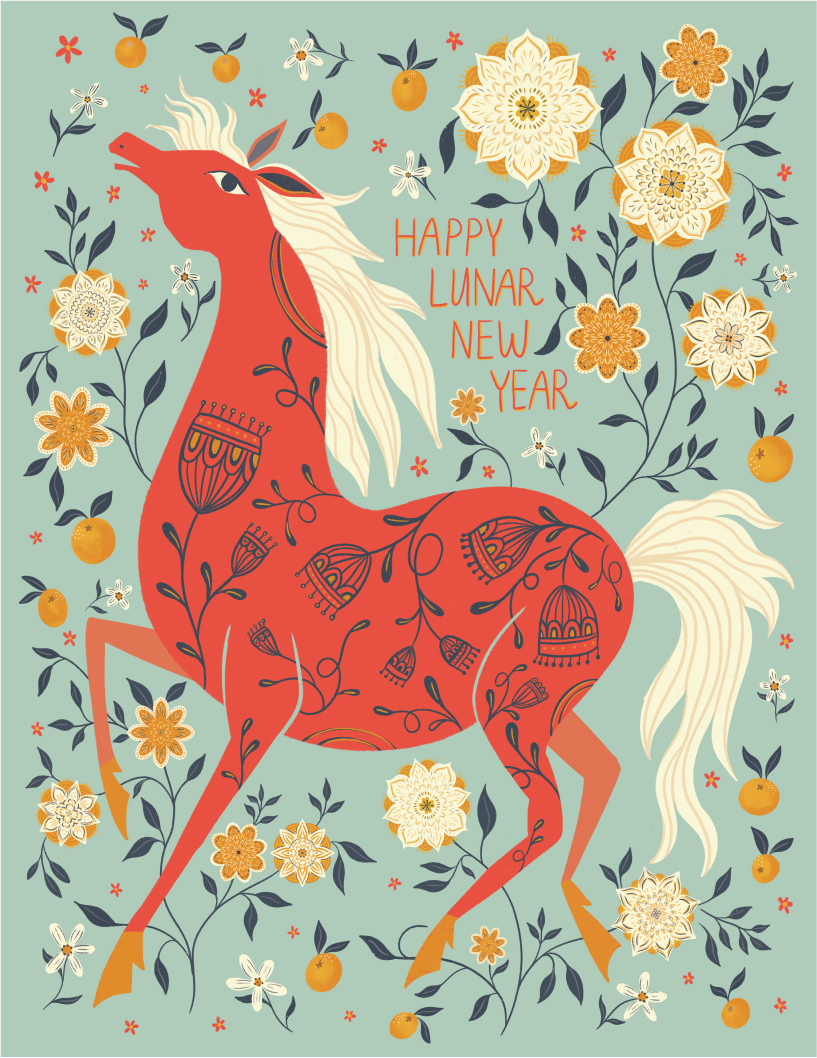 Decorative card with a red horse, flowers, and 'Happy Lunar New Year' text on a light blue background.