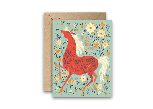 Greeting card with a red horse illustration and floral design on a light blue background, featuring 'Happy Lunar New Year' text.
