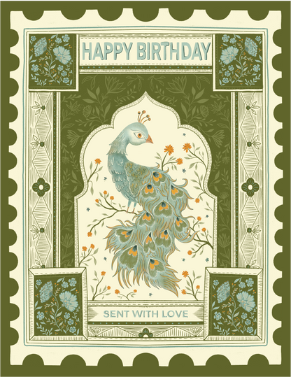 Peacock Stamp Birthday Card