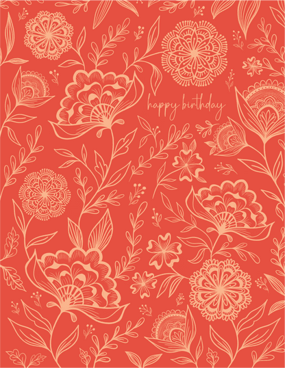 Floral Happy Birthday Card | Block Print-Inspired Greeting Card